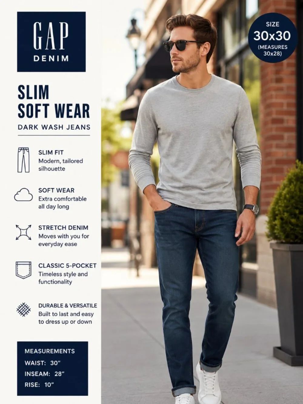 GAP Denim Men's Slim Soft Wear Jeans 30x30 Dark Wash Stretch Slim Fit